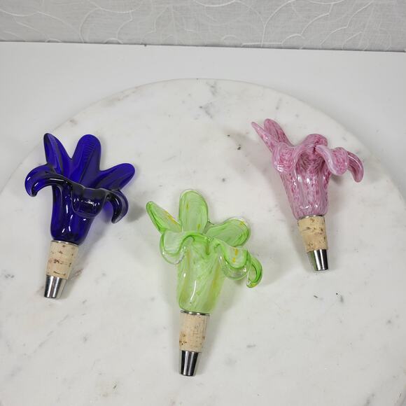 Vtg Murano 3pcs Crystal Flower Cork Stopper Pink Blue Green Hand Blown Art Glass - Picture 12 of 12